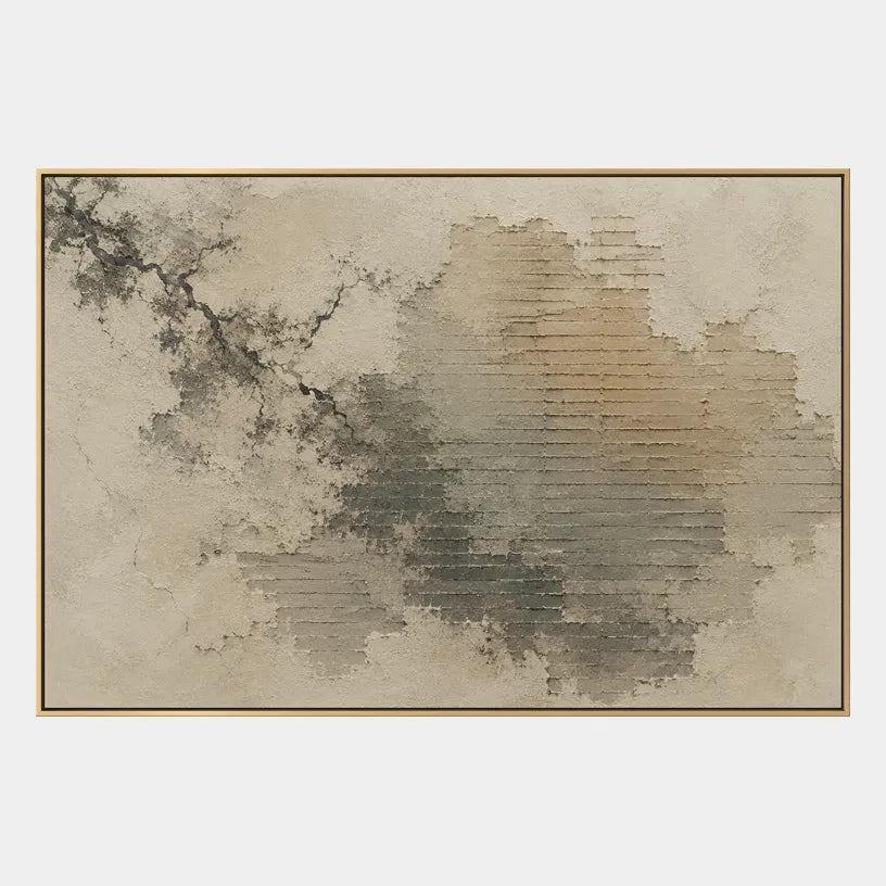 Wabi-Sabi abstract oil painting showing layered abstract marks, texture and expressive painterly movement in a yellow palette.