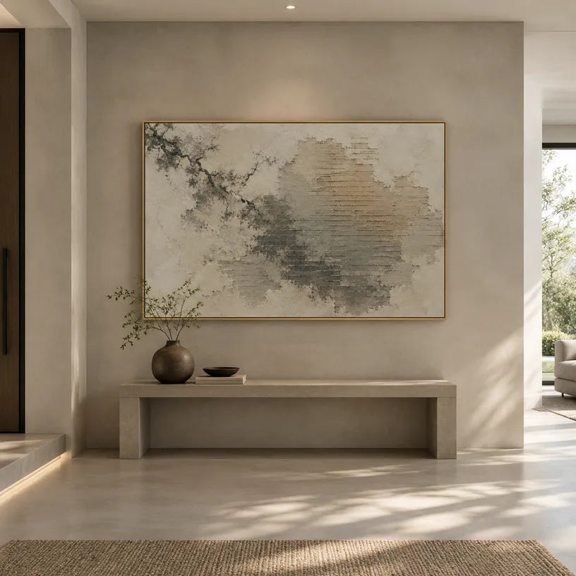 Wabi-Sabi abstract oil painting showing layered abstract marks, texture and expressive painterly movement in a yellow palette.