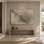 Wabi-Sabi abstract oil painting showing layered abstract marks, texture and expressive painterly movement in a yellow palette.