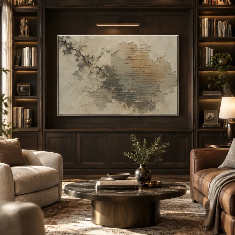 Wabi-Sabi abstract oil painting showing layered abstract marks, texture and expressive painterly movement in a yellow palette.
