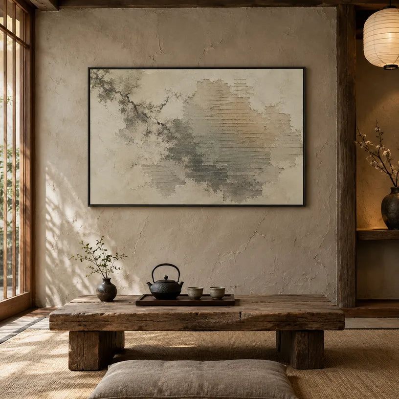 Wabi-Sabi abstract oil painting showing layered abstract marks, texture and expressive painterly movement in a yellow palette.
