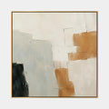 Peinture à l'huile abstraite et conceptuelle Wabi-Sabi présentant des marques abstraites superposées, une texture et un mouvement pictural expressif dans une palette beige.