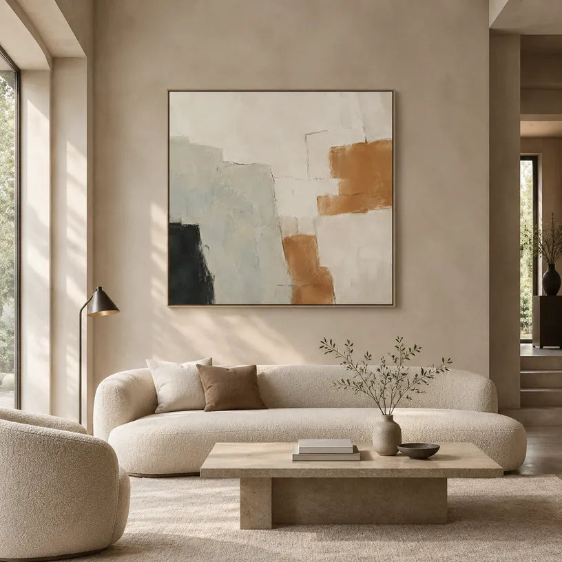 Wabi-Sabi abstract oil painting showing layered abstract marks, texture and expressive painterly movement.