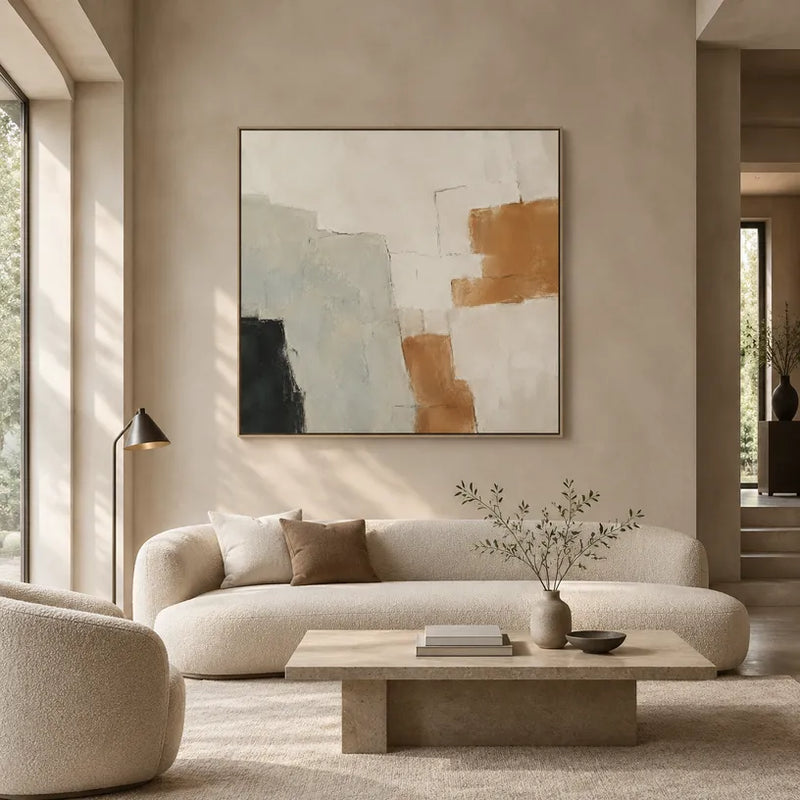 Peinture à l'huile abstraite et conceptuelle Wabi-Sabi présentant des marques abstraites superposées, une texture et un mouvement pictural expressif dans une palette beige.