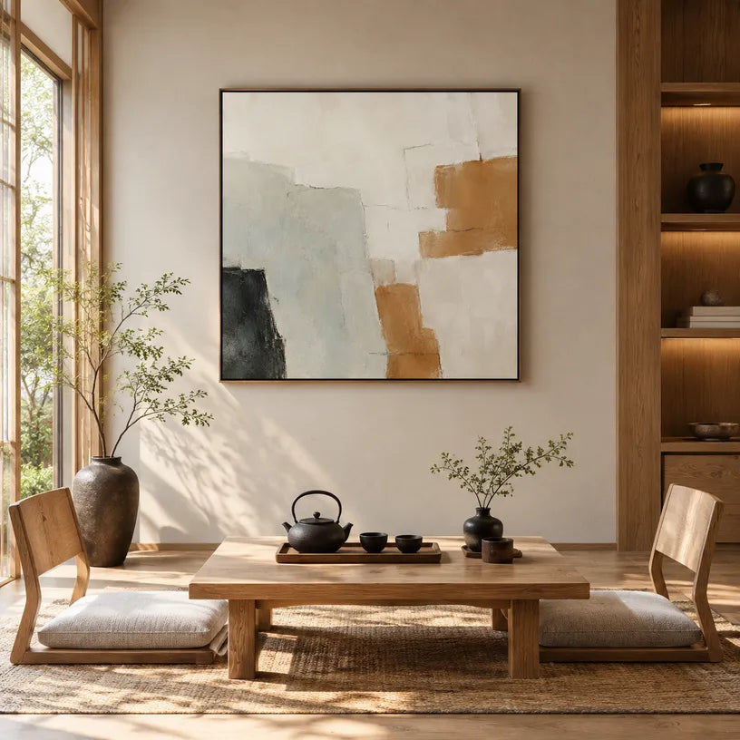 Wabi-Sabi abstract oil painting showing layered abstract marks, texture and expressive painterly movement.