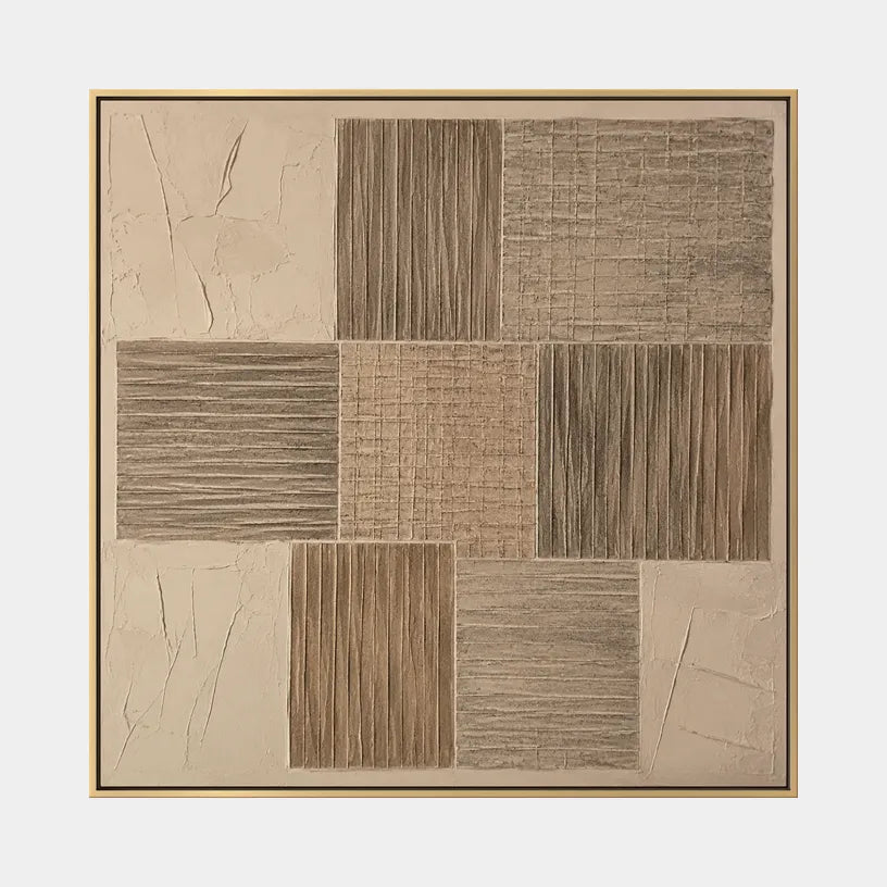 Wabi-Sabi abstract oil painting showing layered abstract marks, texture and expressive painterly movement in a brown palette.