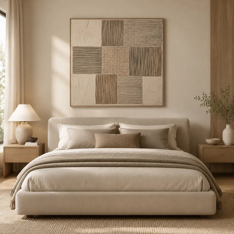 Wabi-Sabi abstract oil painting showing layered abstract marks, texture and expressive painterly movement in a brown palette.