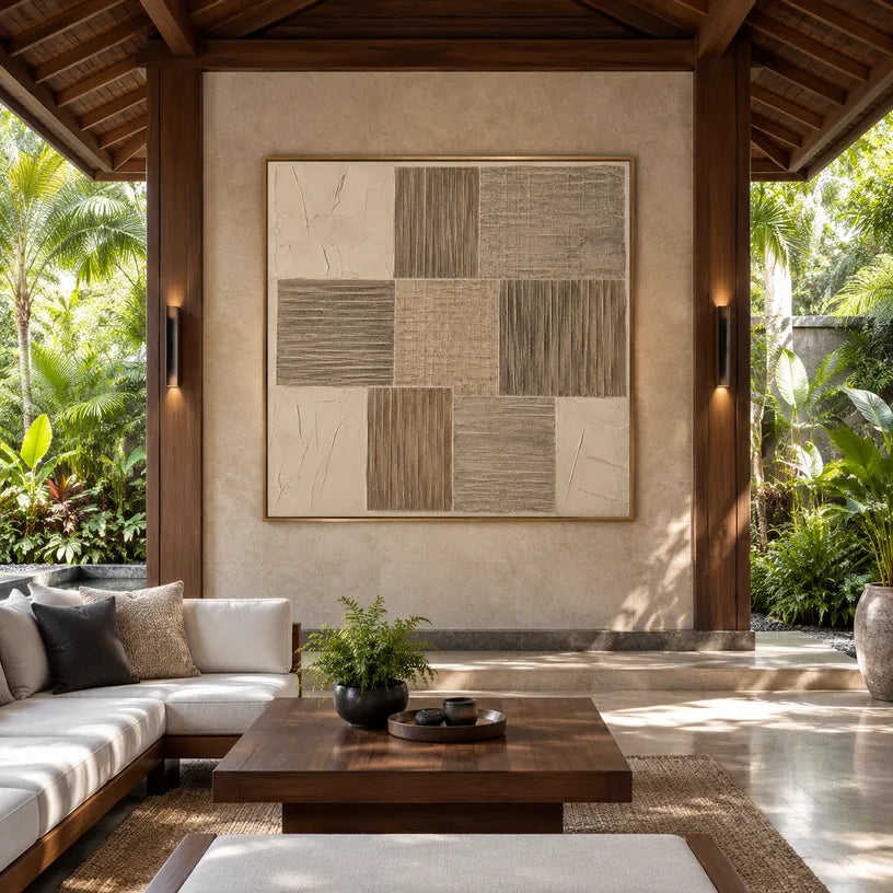 Wabi-Sabi abstract oil painting showing layered abstract marks, texture and expressive painterly movement in a brown palette.