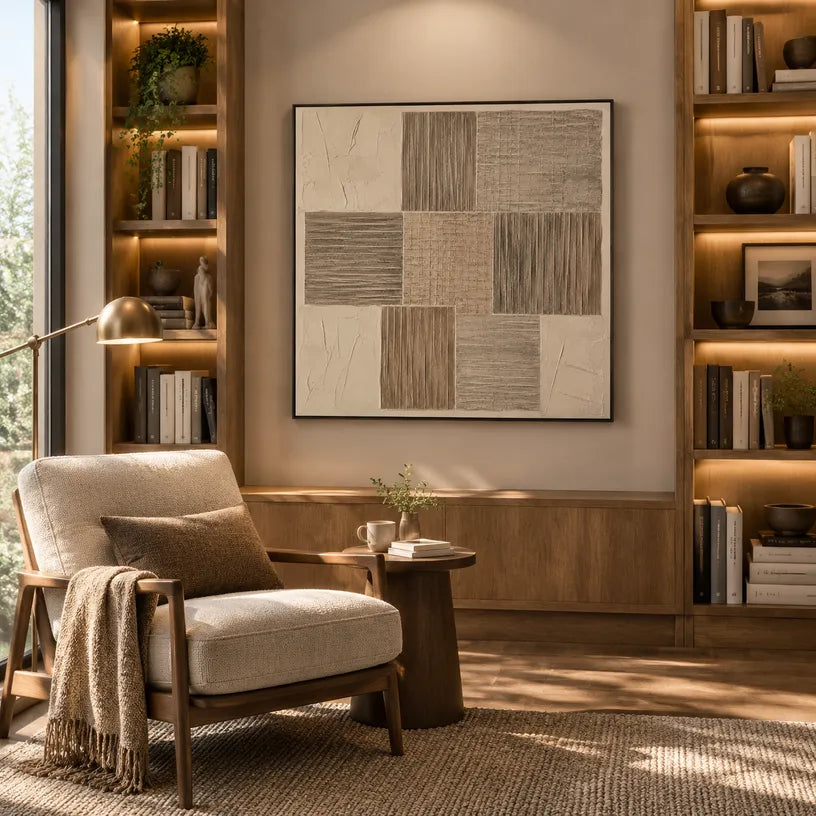 Wabi-Sabi abstract oil painting showing layered abstract marks, texture and expressive painterly movement in a brown palette.