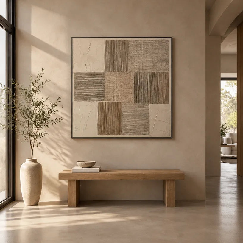 Wabi-Sabi abstract oil painting showing layered abstract marks, texture and expressive painterly movement in a brown palette.