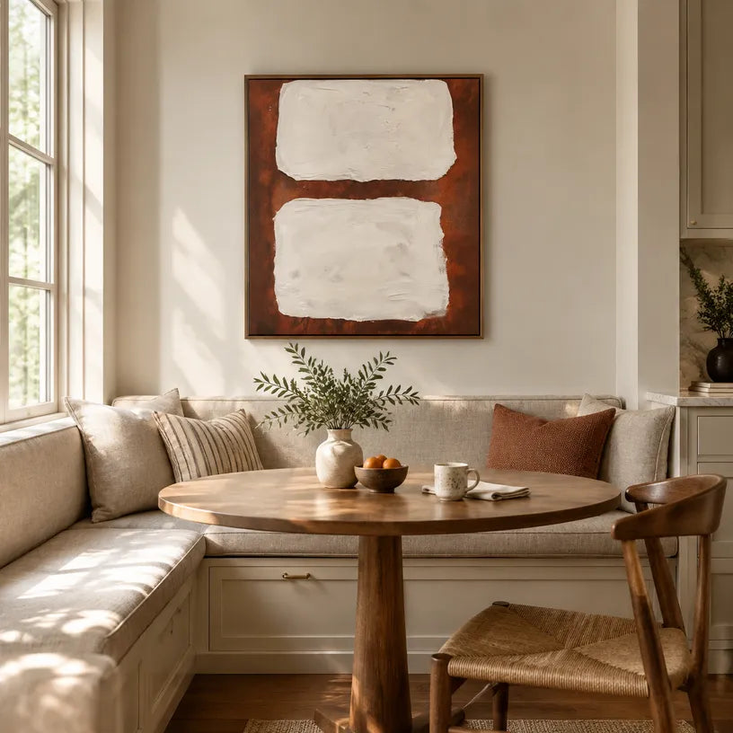 Wabi-Sabi abstract oil painting showing layered abstract marks, texture and expressive painterly movement.