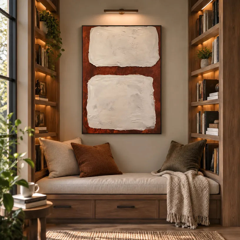 Wabi-Sabi abstract oil painting showing layered abstract marks, texture and expressive painterly movement.