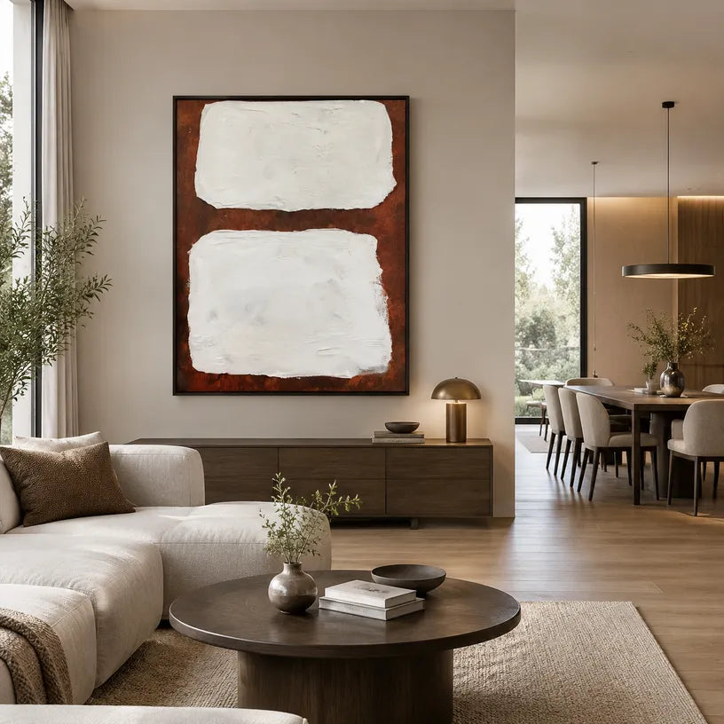 Wabi-Sabi abstract oil painting showing layered abstract marks, texture and expressive painterly movement.