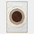 Pittura a olio astratta e concettuale Wabi-Sabi con segni astratti stratificati, consistenza e movimento pittorico espressivo in una tavolozza marrone.