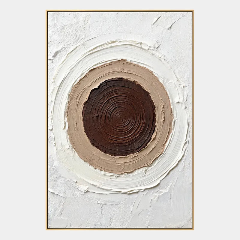 Pittura a olio astratta e concettuale Wabi-Sabi con segni astratti stratificati, consistenza e movimento pittorico espressivo in una tavolozza marrone.