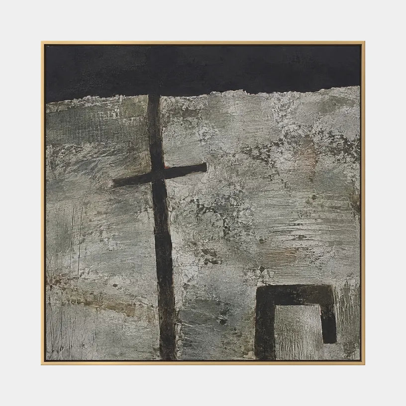 Wabi-Sabi abstract oil painting showing layered abstract marks, texture and expressive painterly movement in a grey palette.