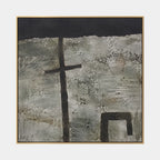Wabi-Sabi abstract oil painting showing layered abstract marks, texture and expressive painterly movement in a grey palette.