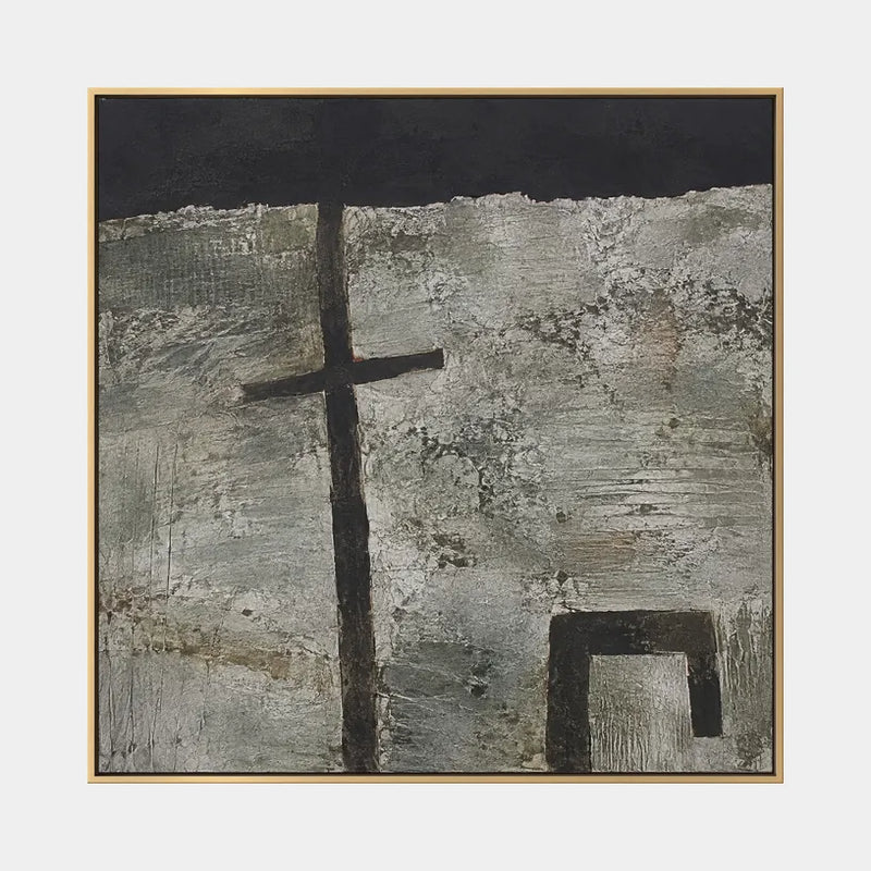 Abstraktes und konzeptuelles Ölgemälde von Wabi-Sabi mit geschichteten abstrakten Zeichen, Textur und ausdrucksstarker malerischer Bewegung in einer grauen Palette.