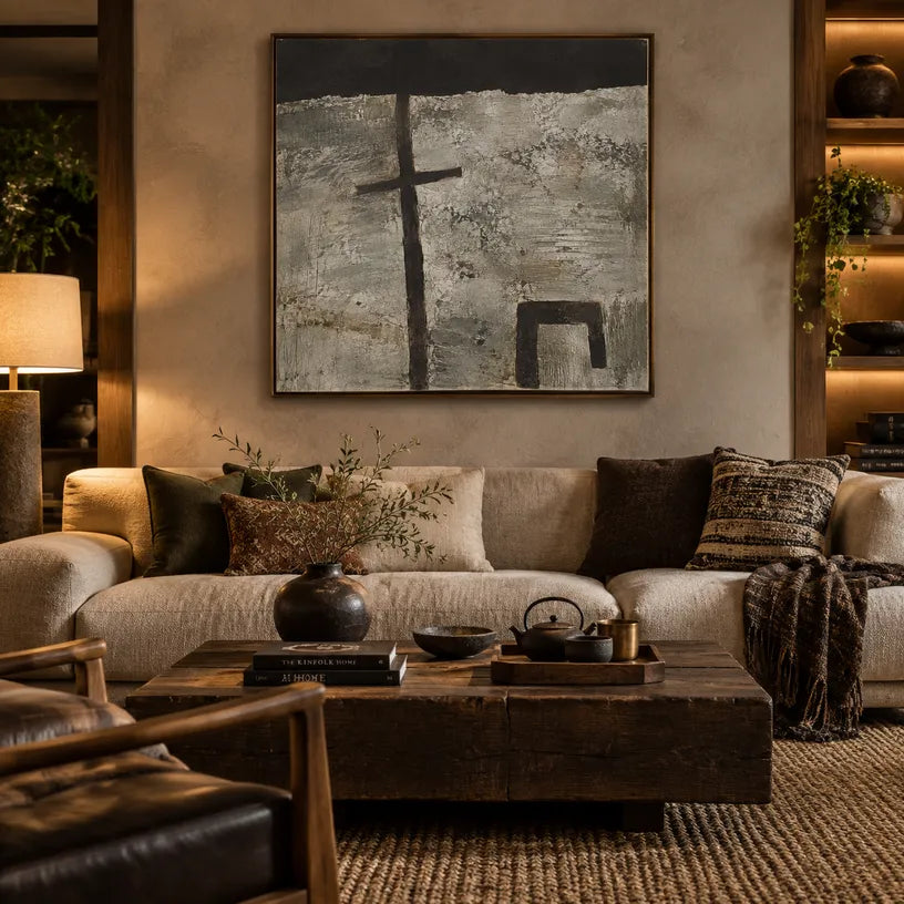 Wabi-Sabi abstract oil painting showing layered abstract marks, texture and expressive painterly movement in a grey palette.