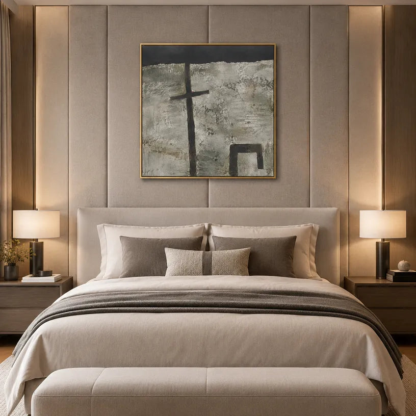 Wabi-Sabi abstract oil painting showing layered abstract marks, texture and expressive painterly movement in a grey palette.