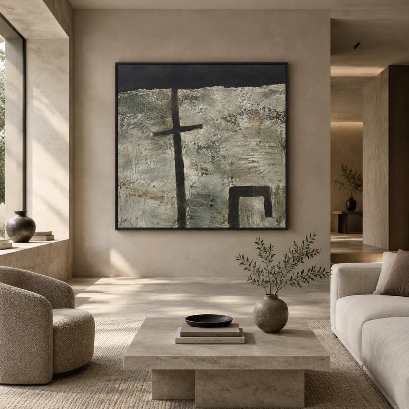 Wabi-Sabi abstract oil painting showing layered abstract marks, texture and expressive painterly movement in a grey palette.