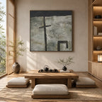 Wabi-Sabi abstract oil painting showing layered abstract marks, texture and expressive painterly movement in a grey palette.