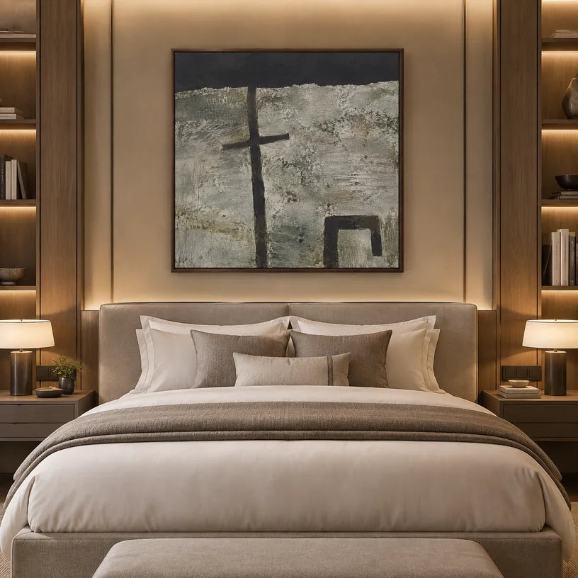 Wabi-Sabi abstract oil painting showing layered abstract marks, texture and expressive painterly movement in a grey palette.