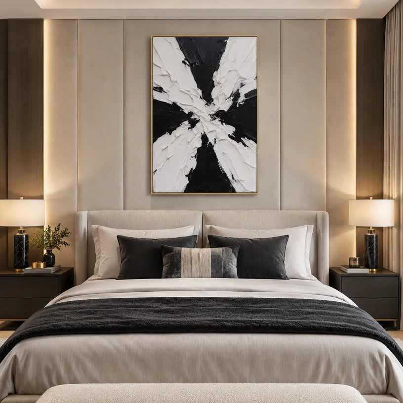 Wabi-Sabi abstract oil painting showing layered abstract marks, texture and expressive painterly movement in a black and white palette.