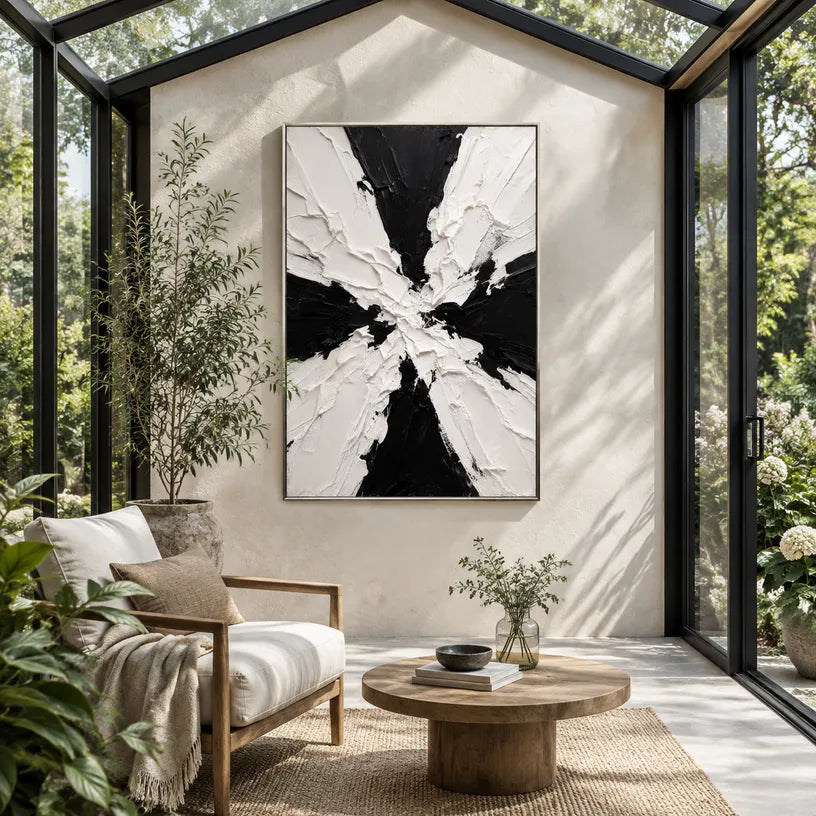 Wabi-Sabi abstract oil painting showing layered abstract marks, texture and expressive painterly movement in a black and white palette.