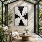 Wabi-Sabi abstract oil painting showing layered abstract marks, texture and expressive painterly movement in a black and white palette.