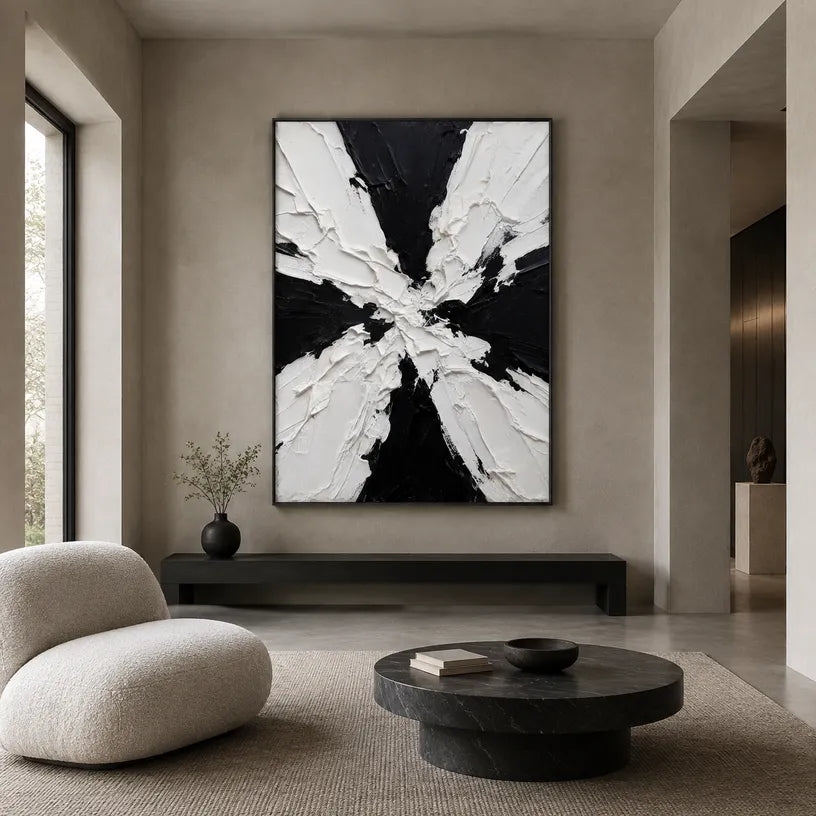 Wabi-Sabi abstract oil painting showing layered abstract marks, texture and expressive painterly movement in a black and white palette.