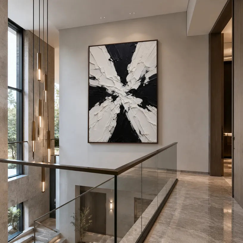 Wabi-Sabi abstract oil painting showing layered abstract marks, texture and expressive painterly movement in a black and white palette.