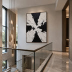 Wabi-Sabi abstract oil painting showing layered abstract marks, texture and expressive painterly movement in a black and white palette.