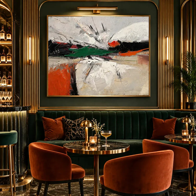 Wabi-Sabi abstract oil painting showing layered abstract marks, texture and expressive painterly movement.