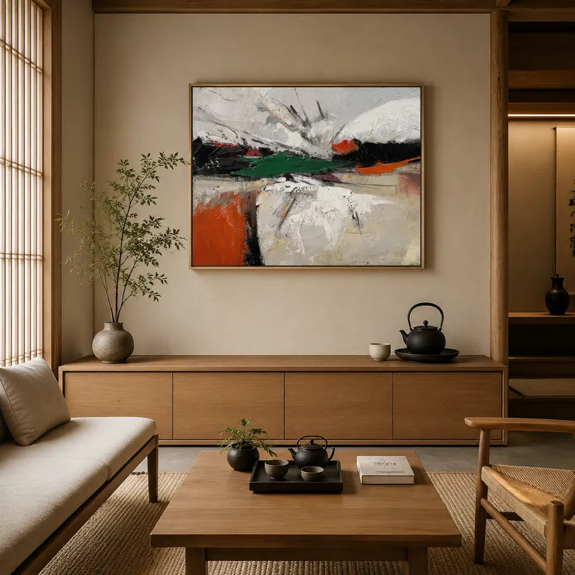 Wabi-Sabi abstract oil painting showing layered abstract marks, texture and expressive painterly movement.