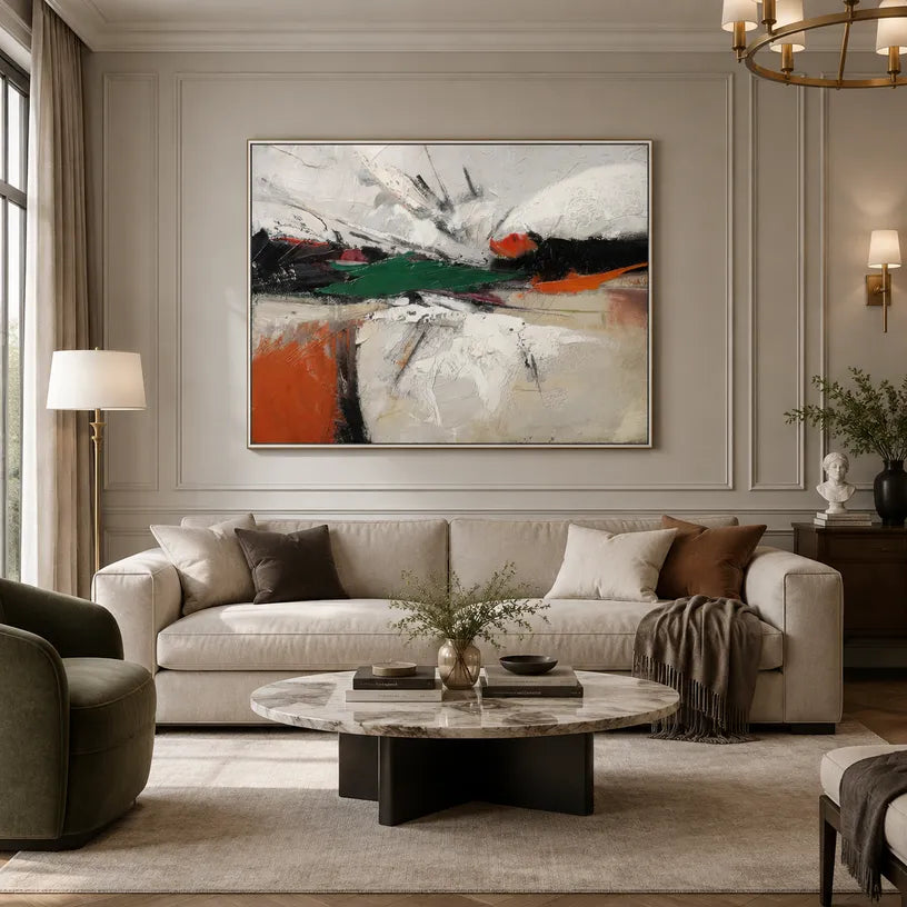 Wabi-Sabi abstract oil painting showing layered abstract marks, texture and expressive painterly movement.