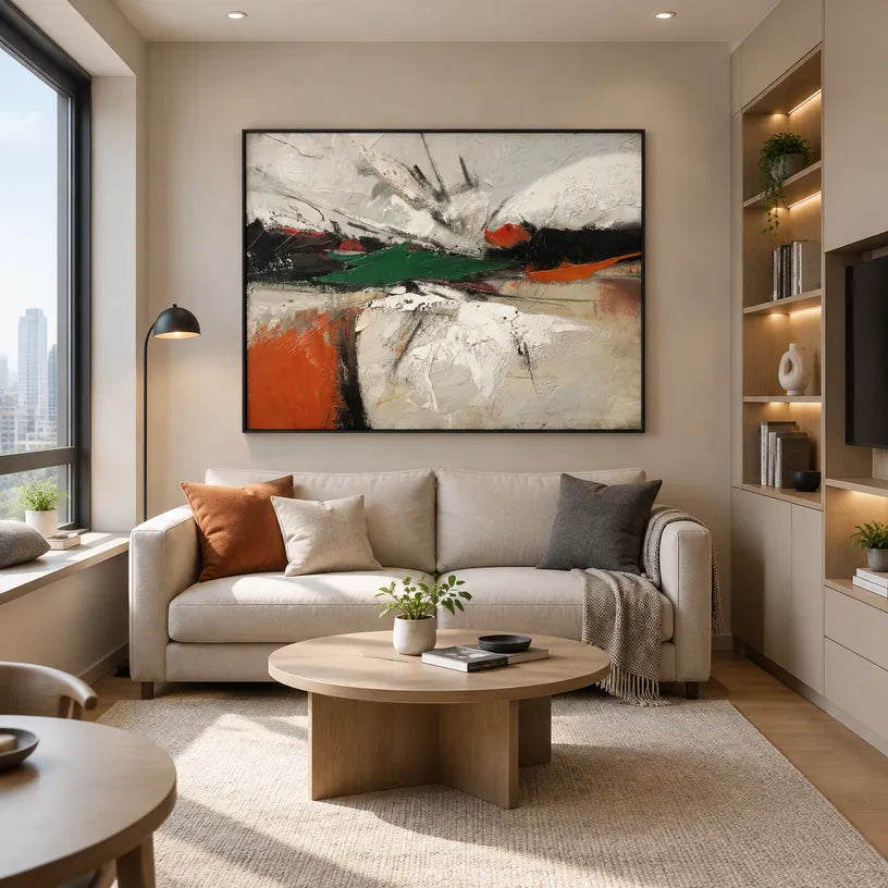 Wabi-Sabi abstract oil painting showing layered abstract marks, texture and expressive painterly movement.