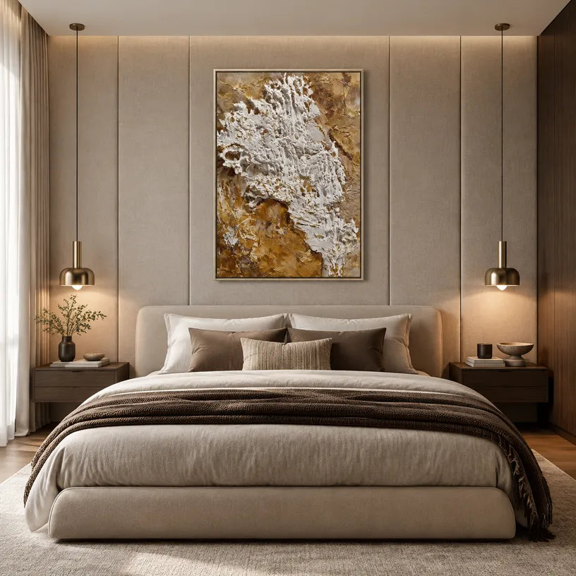 Wabi-Sabi abstract oil painting showing layered abstract marks, texture and expressive painterly movement in a brown palette.