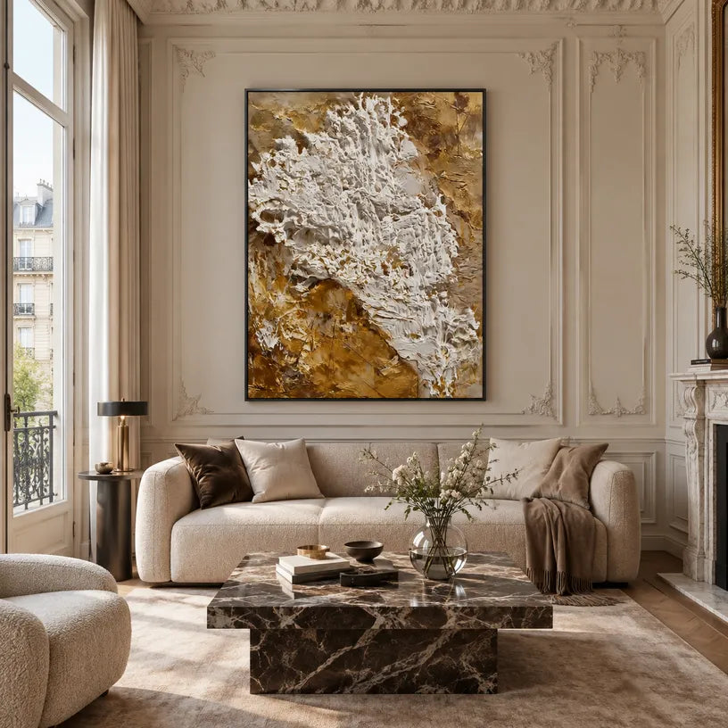 Wabi-Sabi abstract oil painting showing layered abstract marks, texture and expressive painterly movement in a brown palette.
