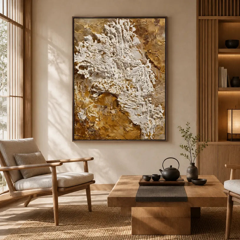 Wabi-Sabi abstract oil painting showing layered abstract marks, texture and expressive painterly movement in a brown palette.