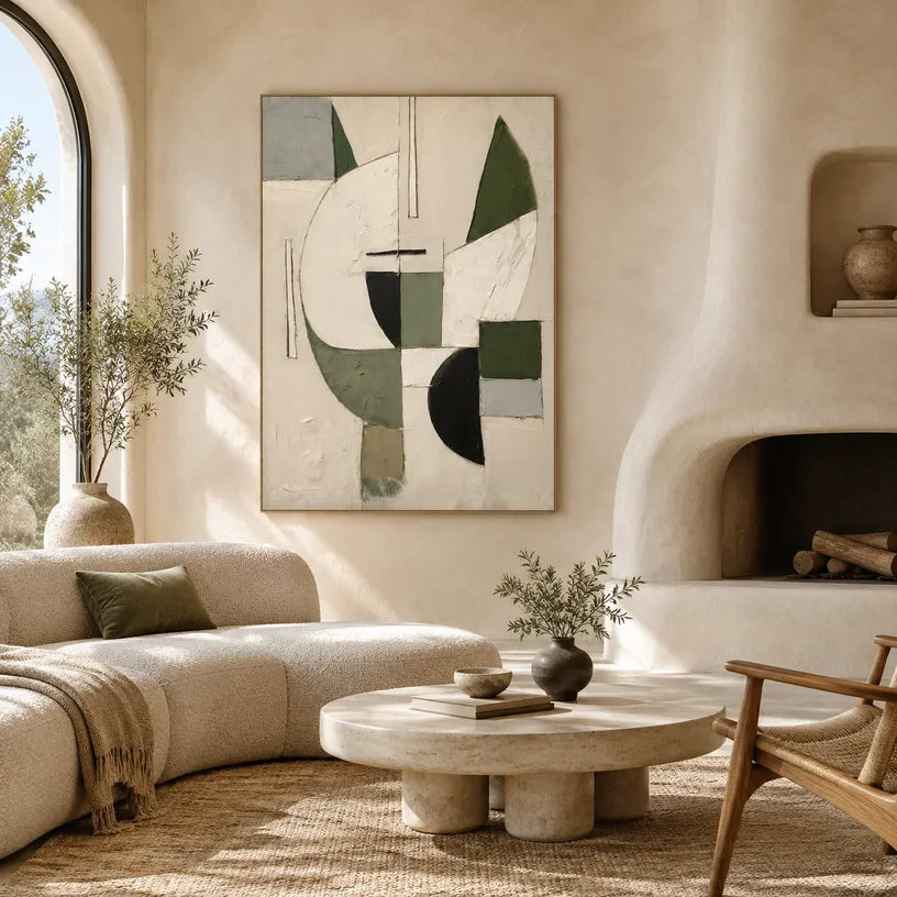 Wabi-Sabi abstract oil painting showing layered abstract marks, texture and expressive painterly movement in a beige palette.