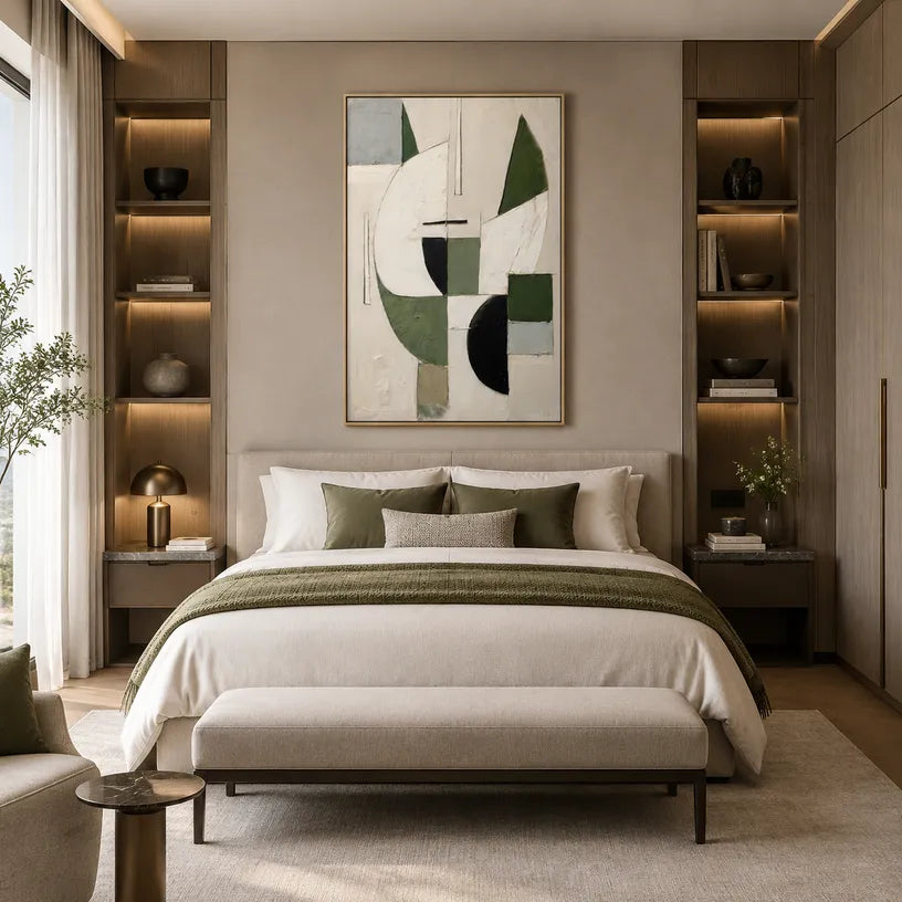 Wabi-Sabi abstract oil painting showing layered abstract marks, texture and expressive painterly movement in a beige palette.