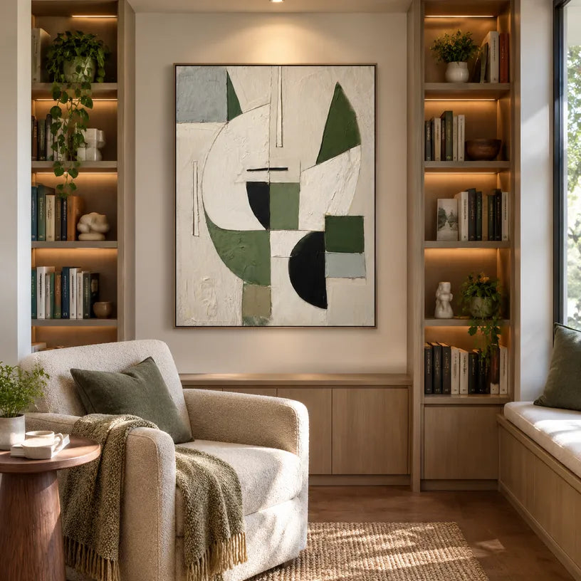 Wabi-Sabi abstract oil painting showing layered abstract marks, texture and expressive painterly movement in a beige palette.