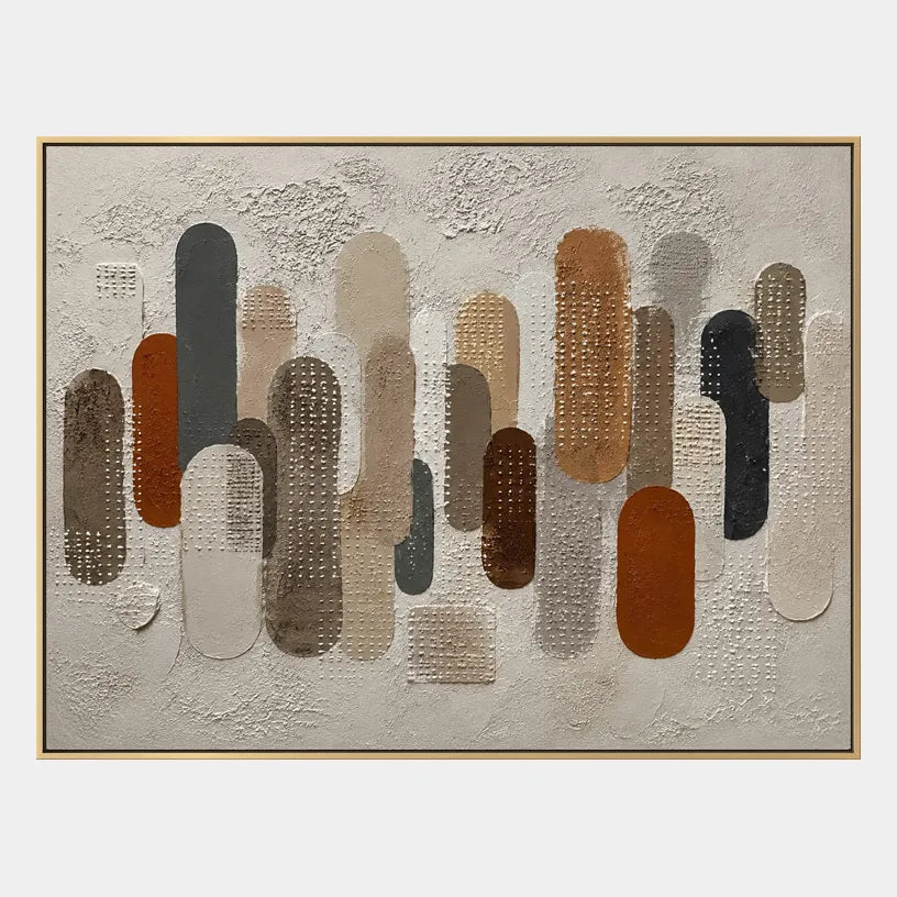 Wabi-Sabi abstract oil painting showing layered abstract marks, texture and expressive painterly movement in a brown palette.