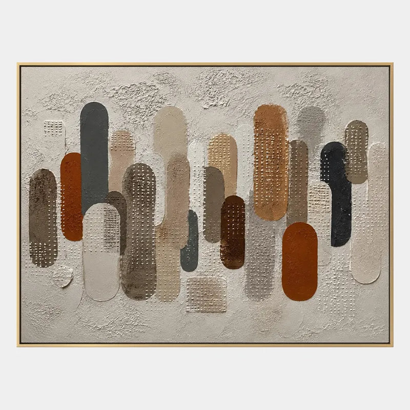 Peinture à l'huile abstraite et conceptuelle Wabi-Sabi présentant des marques abstraites superposées, une texture et un mouvement pictural expressif dans une palette beige.