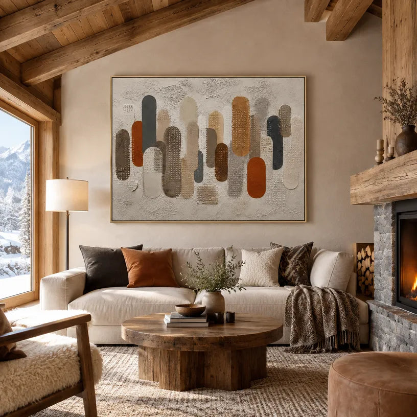 Wabi-Sabi abstract oil painting showing layered abstract marks, texture and expressive painterly movement in a brown palette.
