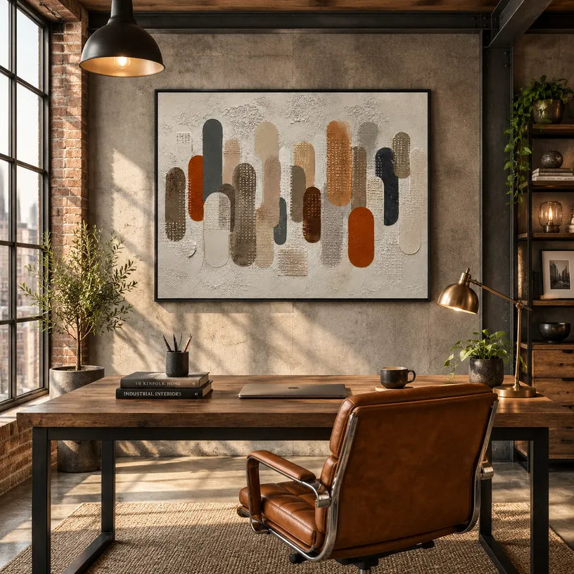 Wabi-Sabi abstract oil painting showing layered abstract marks, texture and expressive painterly movement in a brown palette.