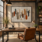 Wabi-Sabi abstract oil painting showing layered abstract marks, texture and expressive painterly movement in a brown palette.