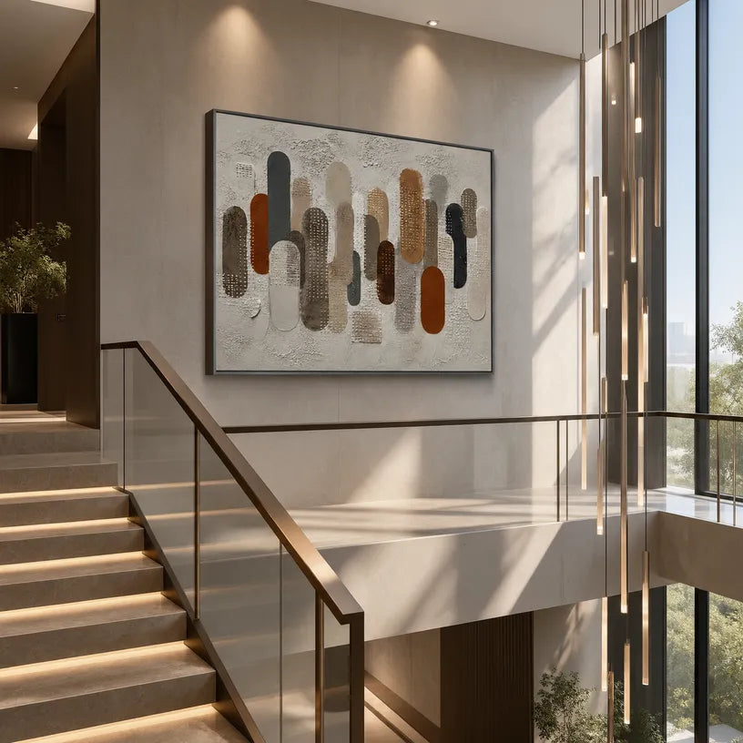 Wabi-Sabi abstract oil painting showing layered abstract marks, texture and expressive painterly movement in a brown palette.