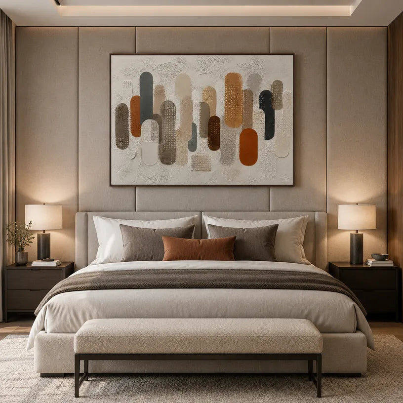 Wabi-Sabi abstract oil painting showing layered abstract marks, texture and expressive painterly movement in a brown palette.